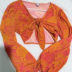 Bar III Orange and Pink Floral Tie-Front Blouse